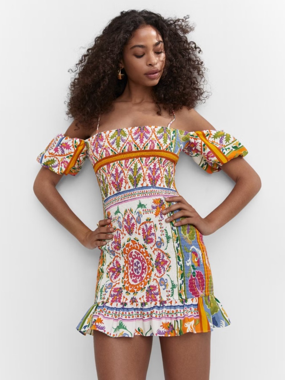 Mango Smocked Puffed Sleeve Ruffled Hem Mini Dress Multi Floral Cotton Size 8